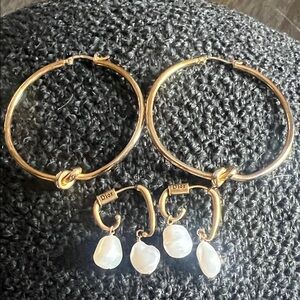 Dior Gold Hoops with White Pearl Drops